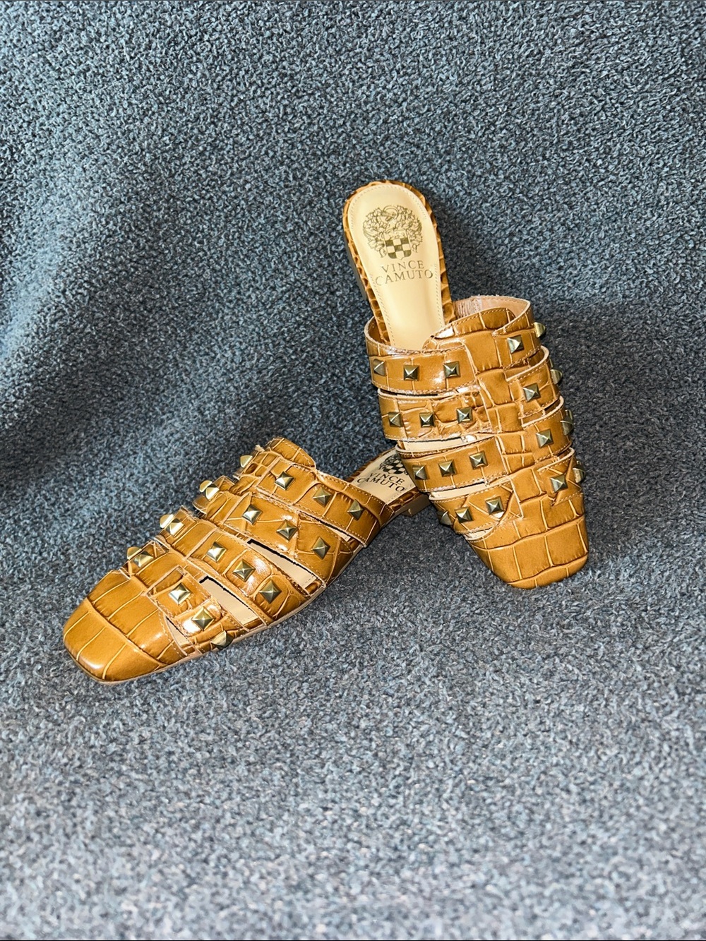 Vince Camuto Tan Croc-Embossed Studded Slip-On Mules
